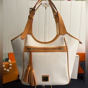 Dooney & Bourke Maddie White Saffiano Leather Shoulder Bag with Tan Trim